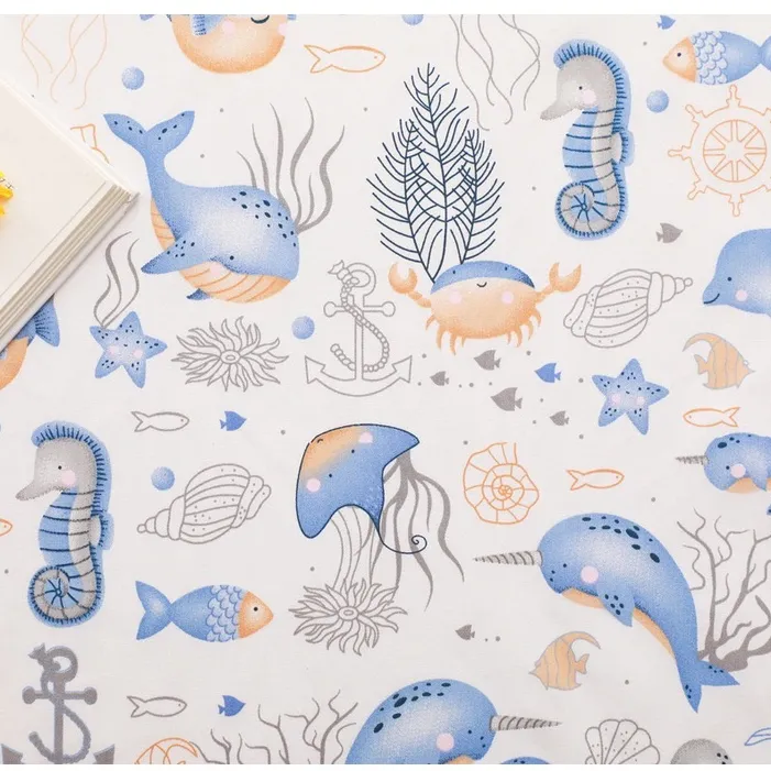 ผ้าคอตตอน 100% ทอทวิล ผ้าเมตร หน้ากว้าง1.6 เมตร ลายไดโนเสาร์ ลายปลา ทะเล ลายBlue fish-567