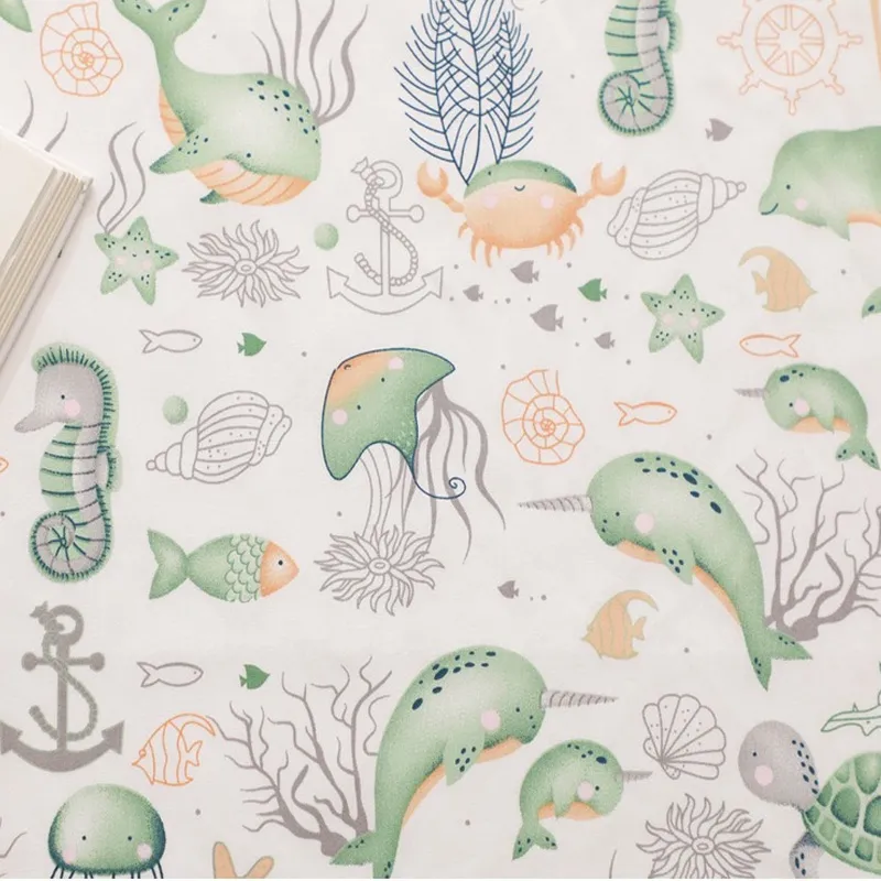 ผ้าคอตตอน 100% ทอทวิล ผ้าเมตร หน้ากว้าง1.6 เมตร ลายไดโนเสาร์ ลายปลา ทะเล ลายGreen fish-565