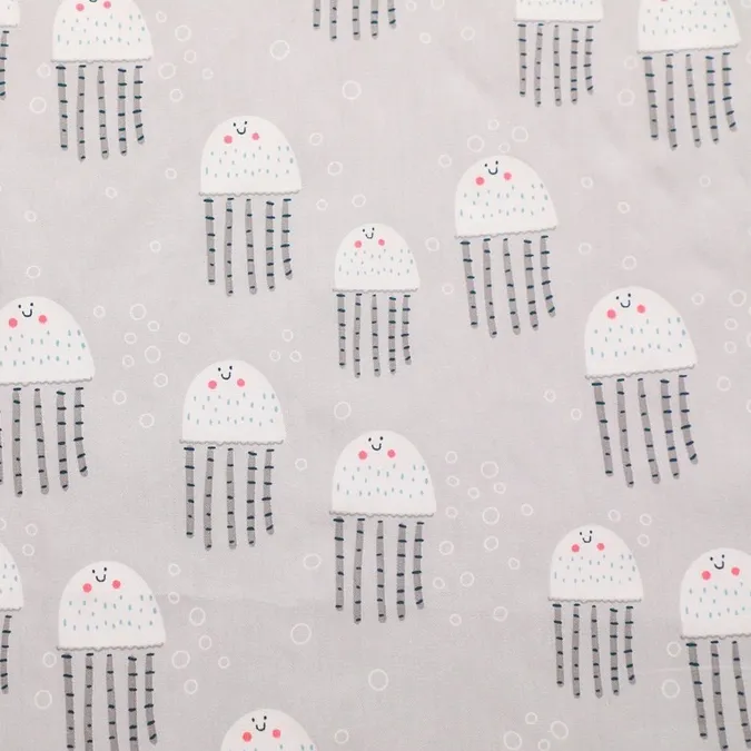 ผ้าคอตตอน 100% ทอทวิล ผ้าเมตร หน้ากว้าง1.6 เมตร ลายไดโนเสาร์ ลายปลา ทะเล ลายGrey jellyfish-564