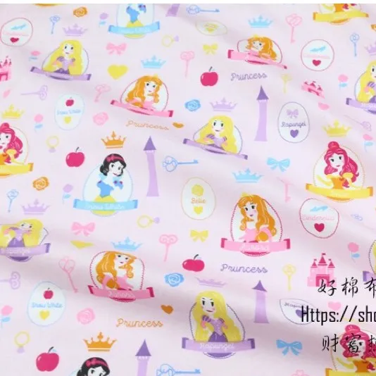 ผ้าคอตตอน 100% ทอทวิล หน้ากว้าง 1.6 เมตร ผ้าเมตร ลายการ์ตูน เจ้าหญิงเจ้าชาย ลายQueenดิสนีย์ชมพู-195