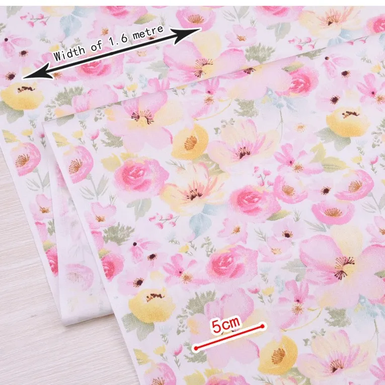ผ้าคอตตอน 100% ทอทวิล ตัดขายเป็นเมตร พิมพ์ลายดอกไม้  หน้ากว้าง1.6 เมตร ลายกุหลาบชมพู-128