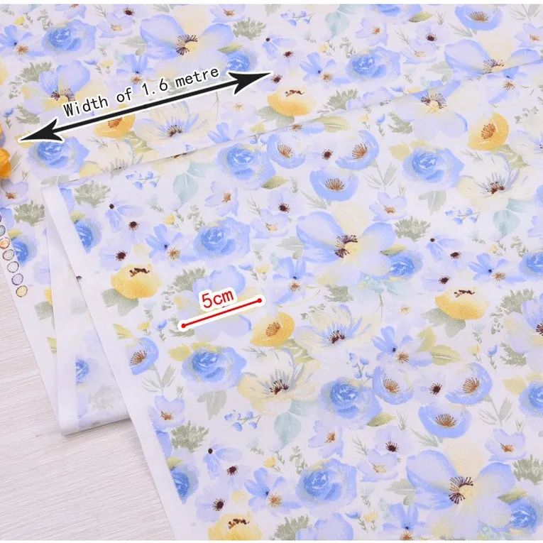 ผ้าคอตตอน 100% ทอทวิล ตัดขายเป็นเมตร พิมพ์ลายดอกไม้  หน้ากว้าง1.6 เมตร ลายกุหลาบฟ้า-129