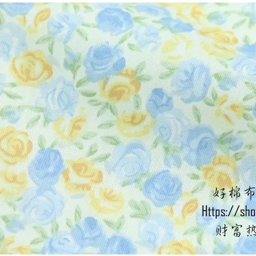 ผ้าคอตตอน 100% ทอทวิล ผ้าเมตร หน้ากว้าง2.35 เมตร 93 นิ้ว พิมพ์ลายดอกไม้ ลายกุหลาบฟ้าเหลือง-409
