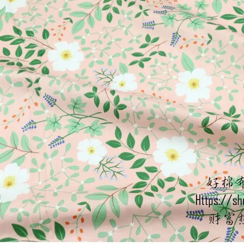 ผ้าคอตตอน 100% ทอทวิล ผ้าเมตร พิมพ์ลายดอกไม้ หน้ากว้าง2.35 เมตร ลาย✿ขาวใบเขียวbgชมพู173