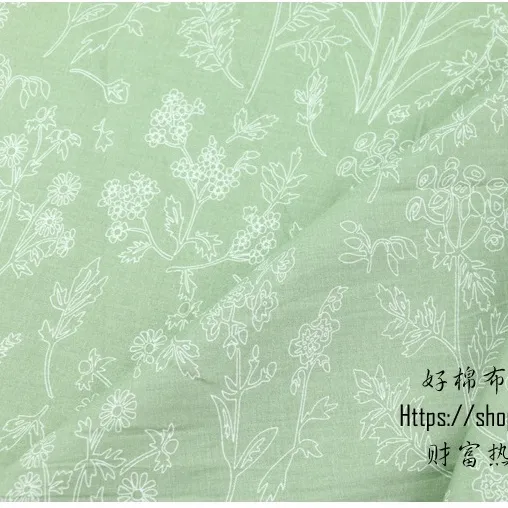 ผ้าคอตตอน 100% ทอทวิล ผ้าเมตร พิมพ์ลายดอกไม้ หน้ากว้าง2.35 เมตร ลายดอกชาพื้นเขียว-475