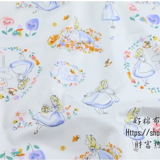 ผ้าคอตตอน 100% ทอทวิล หน้ากว้าง 1.6 เมตร ผ้าเมตร ลายการ์ตูน เจ้าหญิงเจ้าชาย ลายอลิซขาว-191