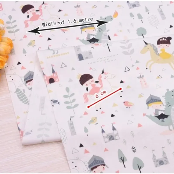 ผ้าคอตตอน 100% ทอทวิล หน้ากว้าง 1.6 เมตร ผ้าเมตร ลายการ์ตูน เจ้าหญิงเจ้าชาย ลายเจ้าชายเจ้าหญิง-201