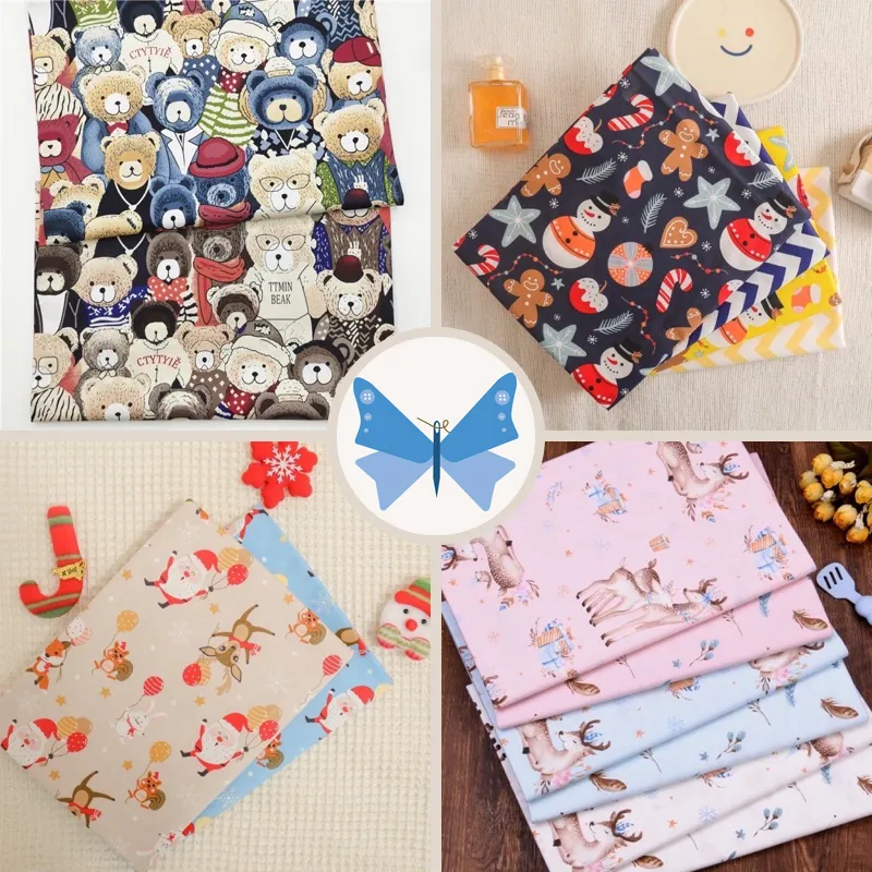 ผ้าคอตตอน 100%  พิมพ์ลาย เท็ดดี้ กวาง ซานตาคลอส  คลื่นเหลือง ทอทวิล หน้ากว้าง 160 ซม.หรือ 63 นิ้ว