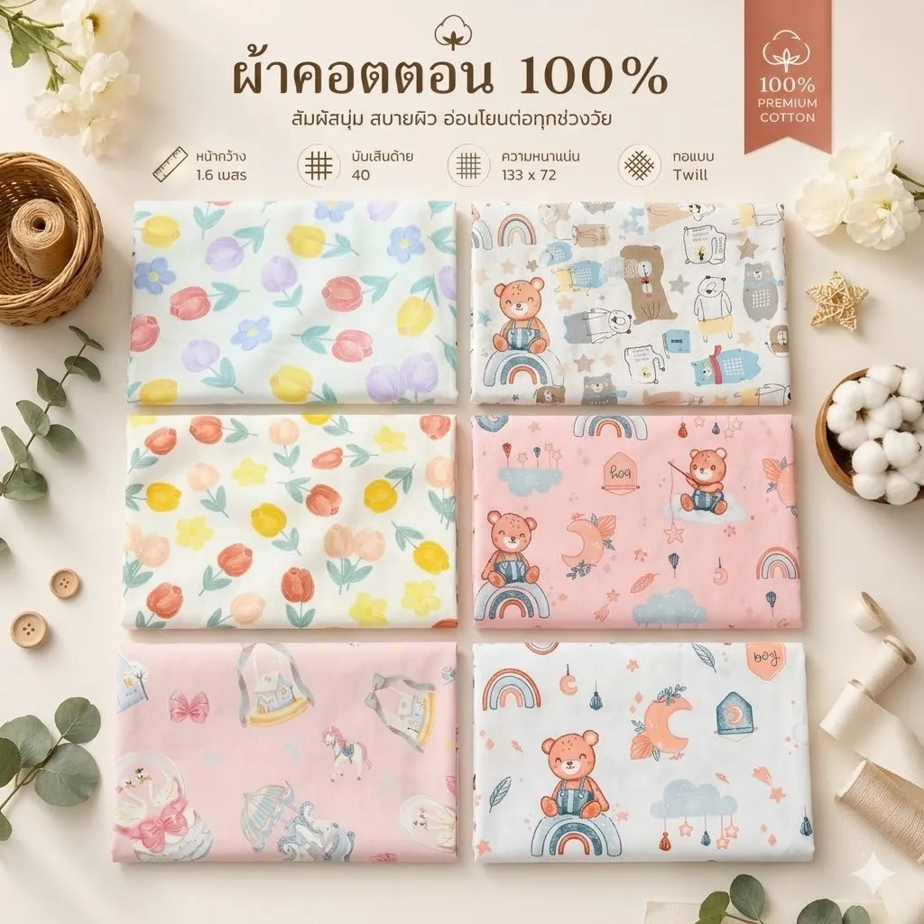 ผ้าคอตตอน 100% ทอทวิล ผ้าเมตร พิมพ์ลายหมี หน้ากว้าง 1.6 เมตร