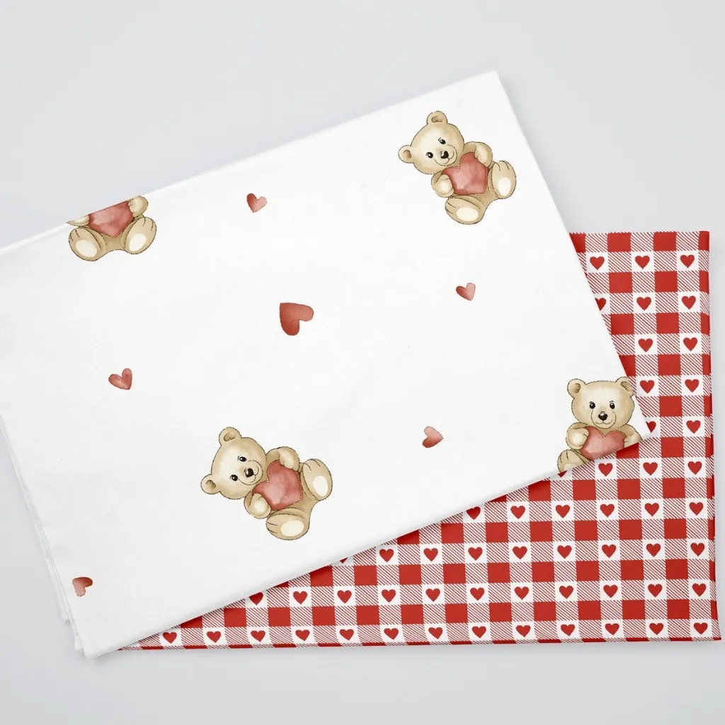 ผ้าคอตตอน 100% คอตตอนทอทวิล ผ้าหน้ากว้าง 1.6 เมตร ลาย heart bear