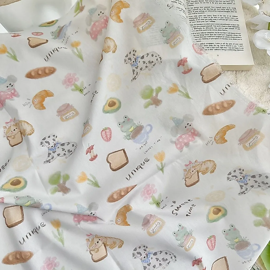 ผ้าคอตตอน 100% cotton poplin  ตัดขายเป็นเมตร หน้ากว้าง 145 เซนติเมตร พิมพ์ลาย sweet time รูปที่ 3