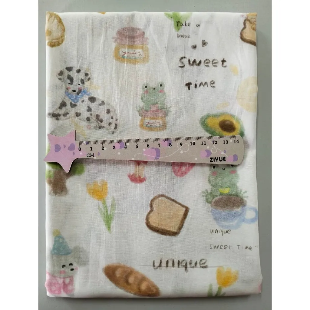ผ้าคอตตอน 100% cotton poplin  ตัดขายเป็นเมตร หน้ากว้าง 145 เซนติเมตร พิมพ์ลาย sweet time รูปที่ 6