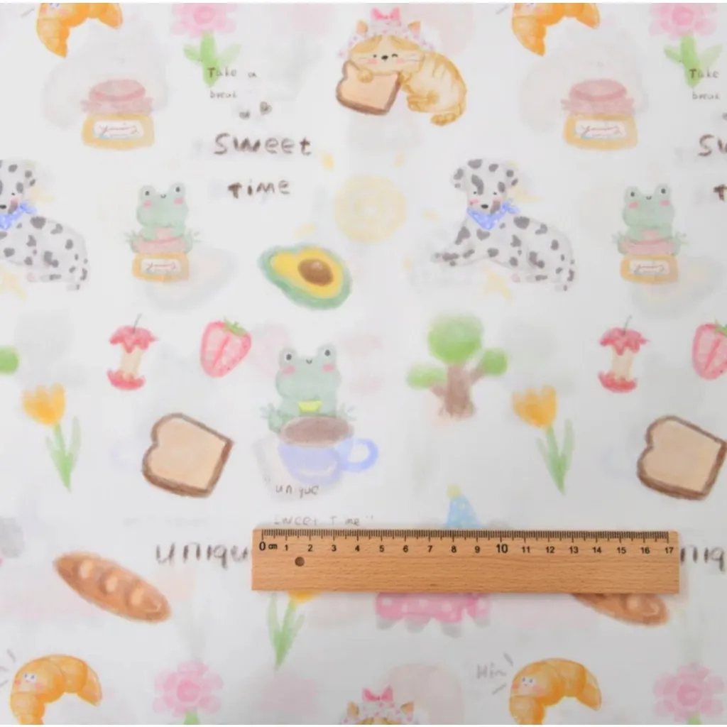 ผ้าคอตตอน 100% cotton poplin  ตัดขายเป็นเมตร หน้ากว้าง 145 เซนติเมตร พิมพ์ลาย sweet time รูปที่ 2