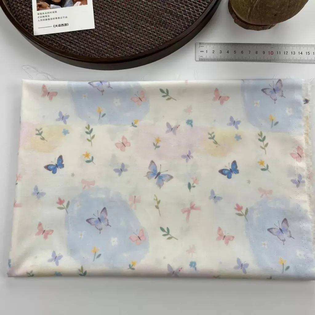 ผ้าคอตตอน 100% cotton poplin  ตัดขายเป็นเมตร หน้ากว้าง 145 เซนติเมตร ลาย ผีเสื้อสีฟ้า รูปที่ 5