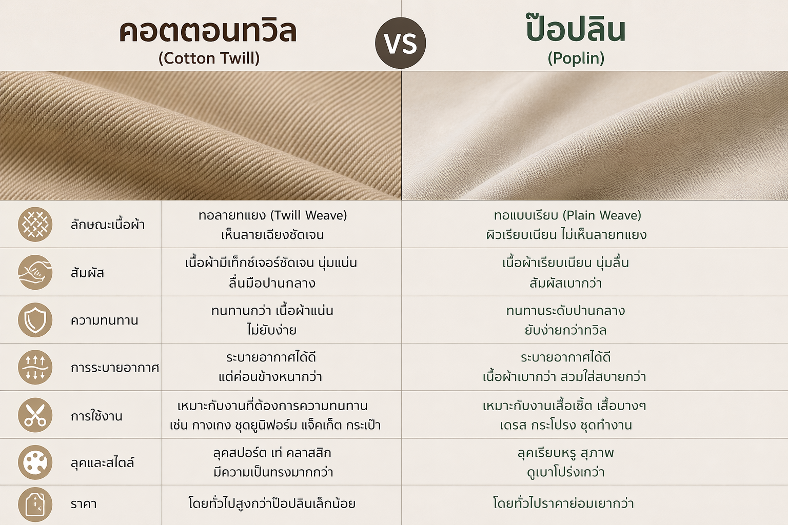 คอตตอนทวิล vs ป๊อปลิน ต่างกันอย่างไร? เลือกผ้าแบบไหนให้เหมาะกับงานเย็บของคุณ
